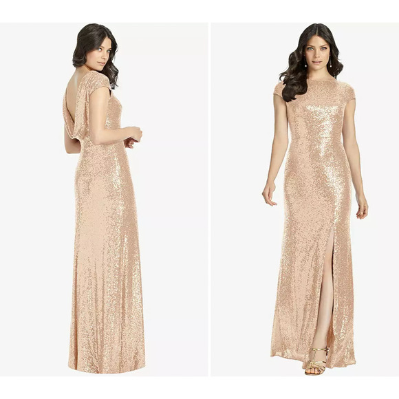 DESSY 3043 SZ 14 CAP SLEEVE COWL-BACK SEQUIN GOWN FRONT SLIT ROSE GOLD $292 NEW - Picture 1 of 4